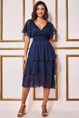 Goddiva Plain Lurex Chiffon Tiered Midi Dress