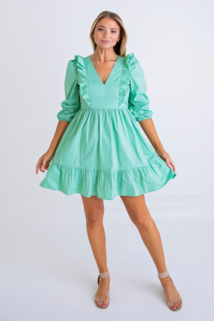 Green Poplin Ruffle Tier Dress