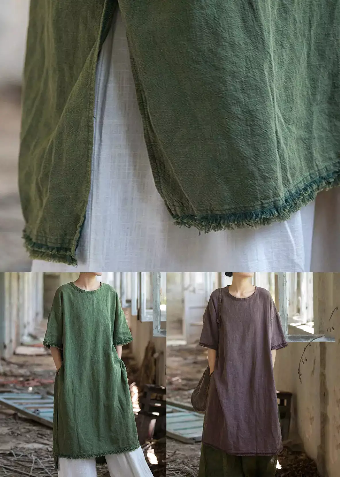 Green Side Open Linen T Shirt Dress O Neck Short Sleeve CG1039