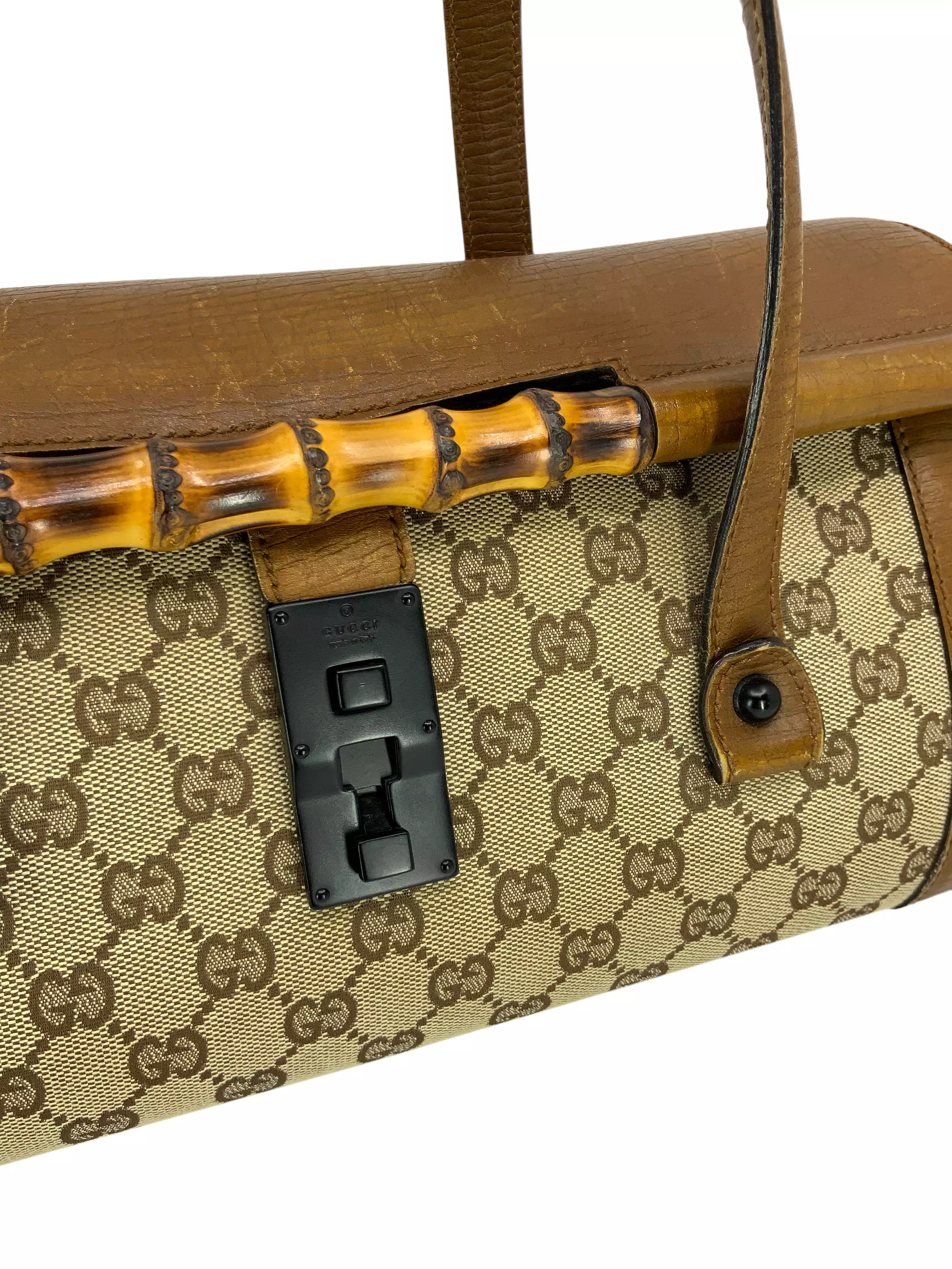 Gucci Monogram GG Canvas Leather Bamboo Bullet Bag