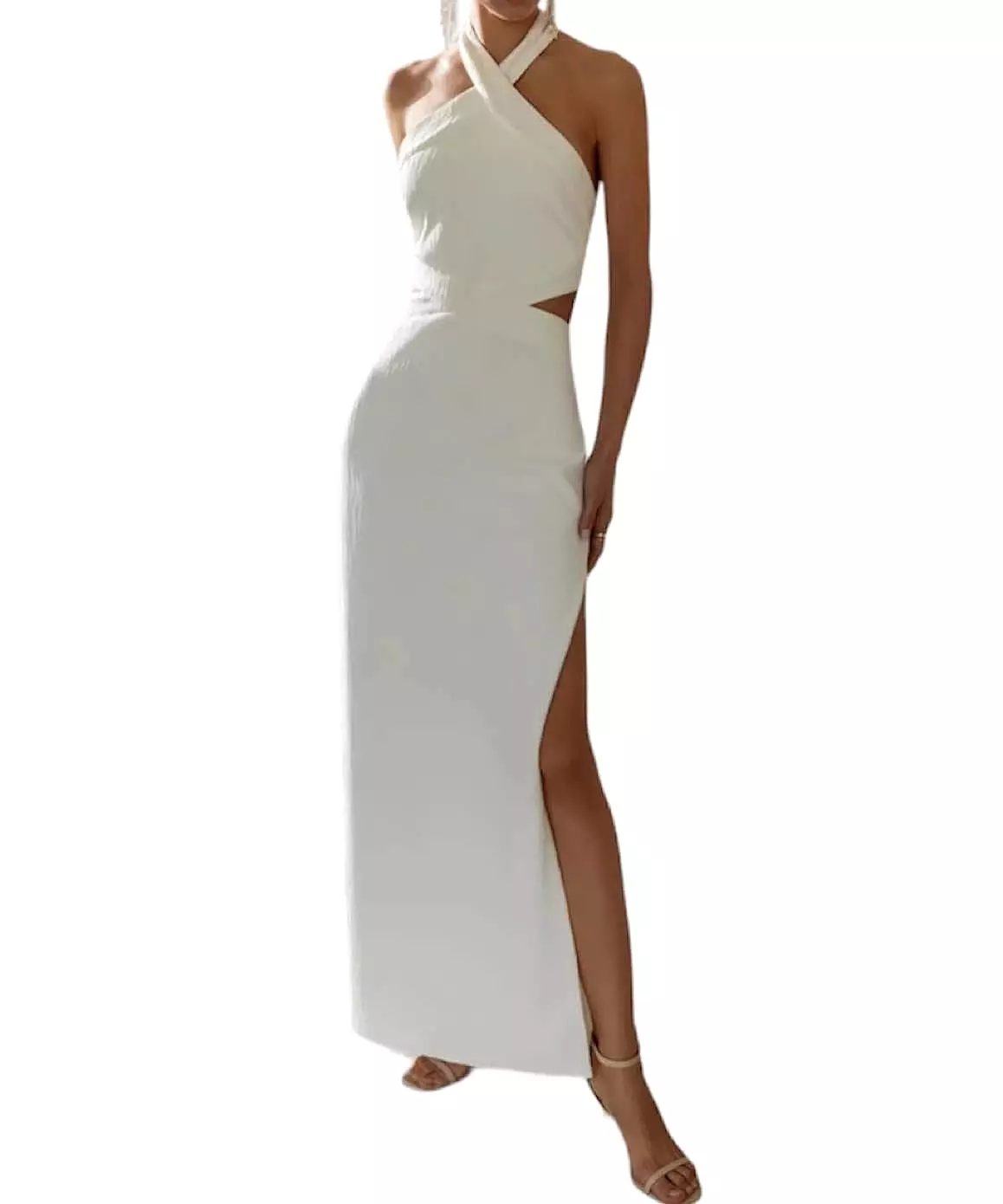 Halter Neck Cutout Long Dress In White