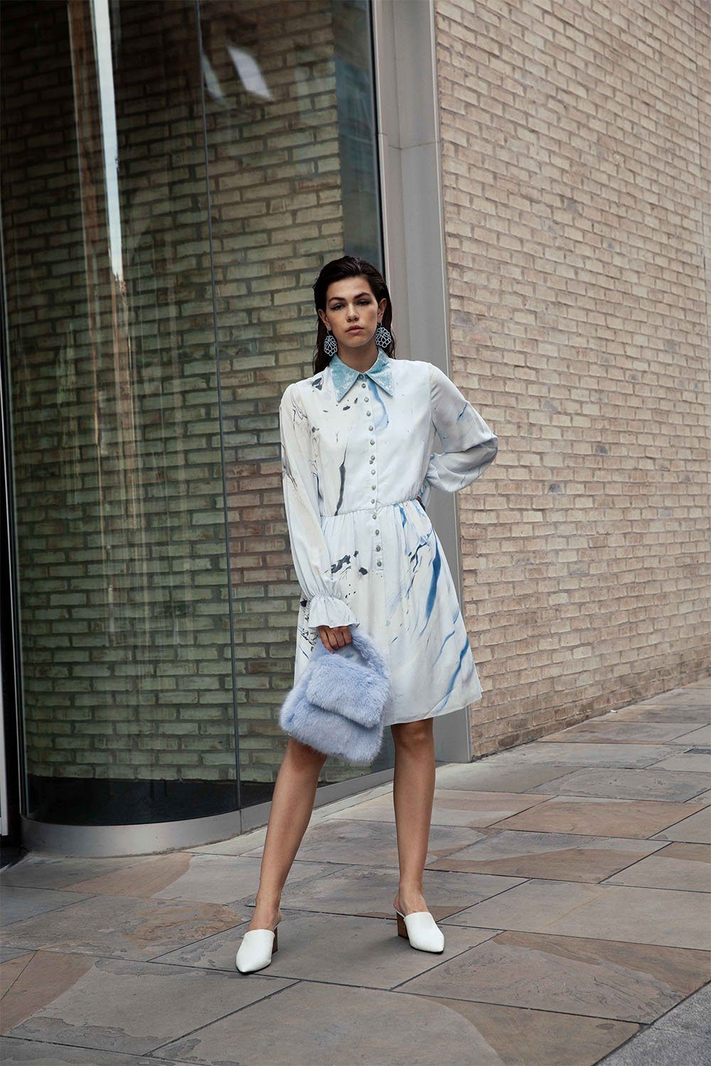 Hand Marbled Silk Button Up Dress - Blue & Grey