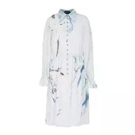 Hand Marbled Silk Button Up Dress - Blue & Grey