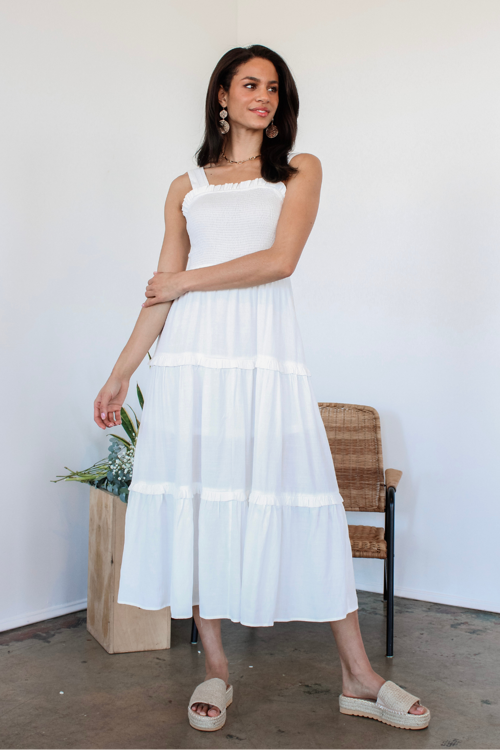 Hey June Tiered Midi Dress in White