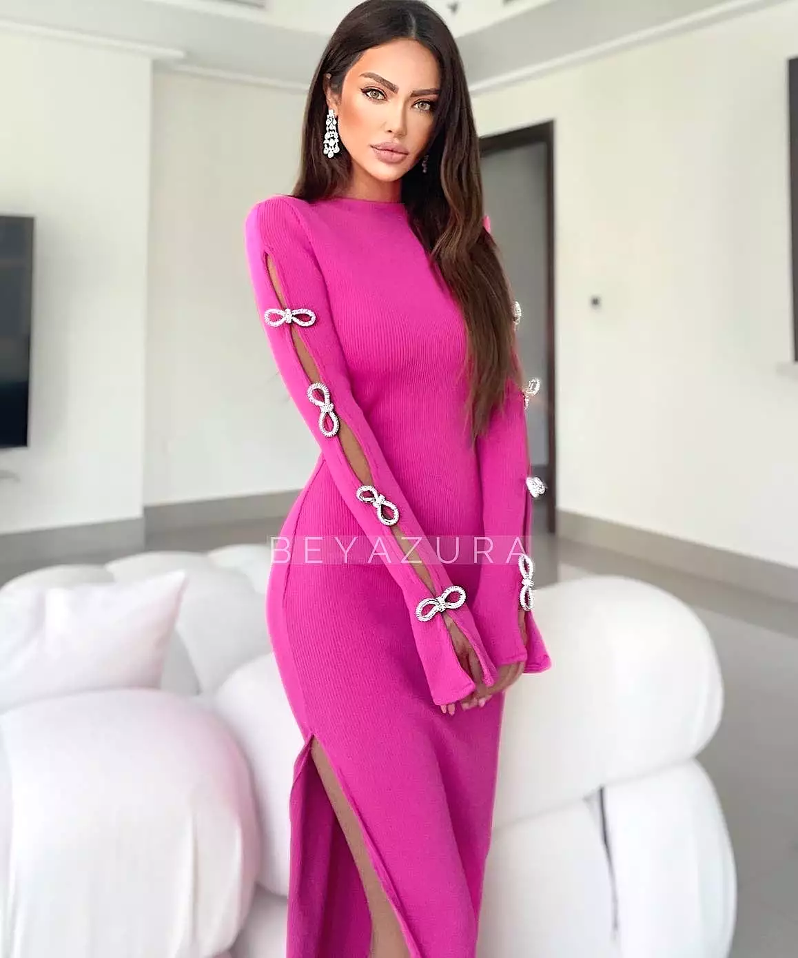 Hot Pink Slim Rhinestone Sleeve Long Dress