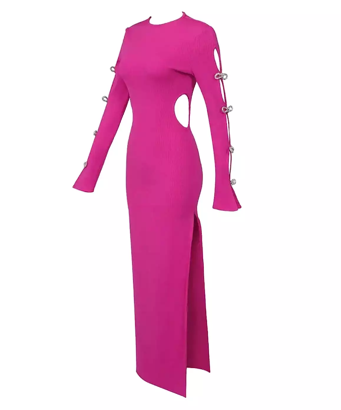 Hot Pink Slim Rhinestone Sleeve Long Dress