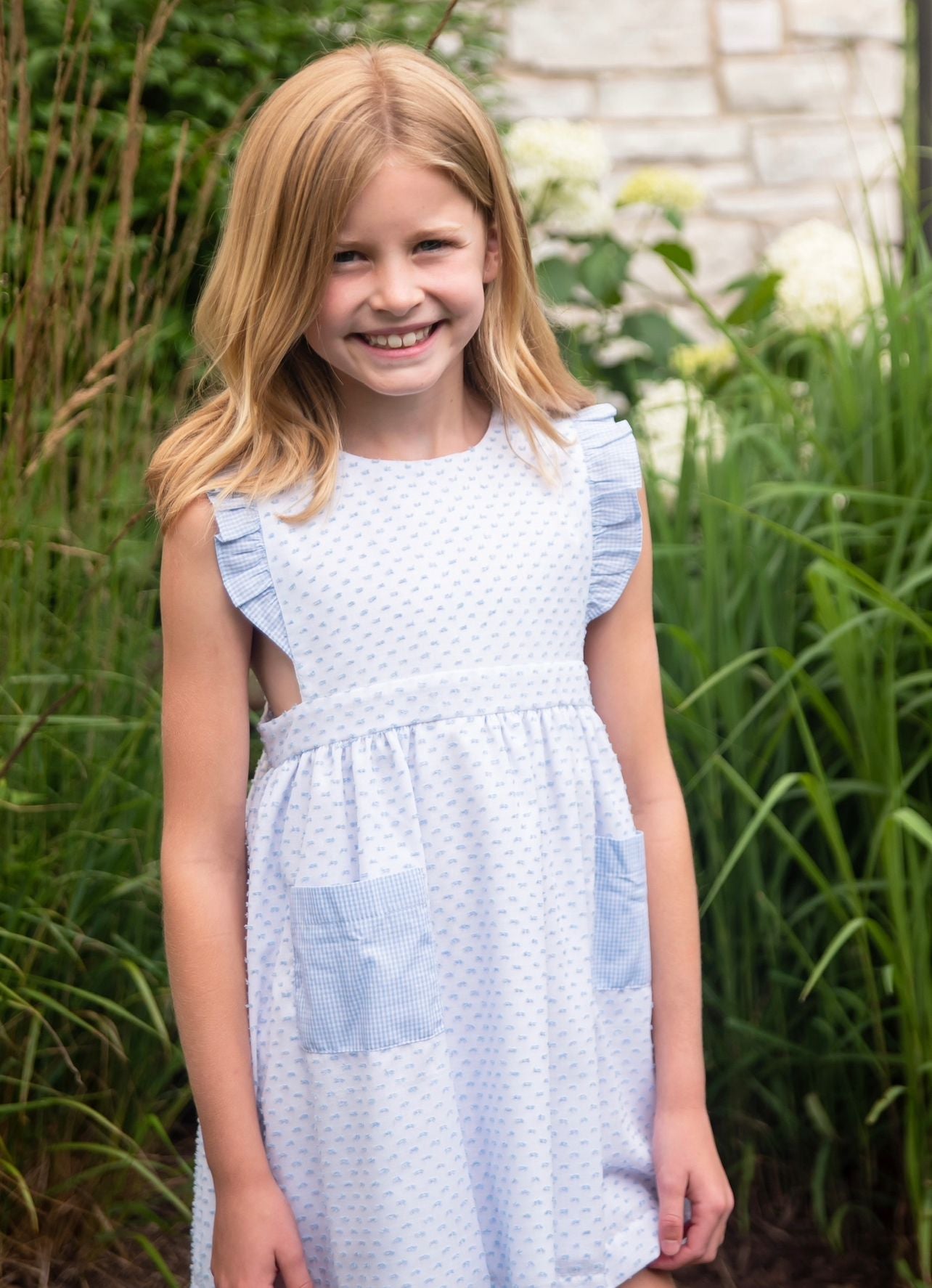 James & Lottie - Blue Swiss Dot Dress with Blue Gingham Pockets Margaret Dress