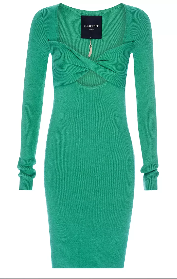 Le Superbe Retrograde Twist Front Long Sleeve Knit Dress Emerald