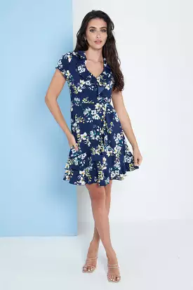 Lilura London Navy Blue Floral Wrap Frill Dress