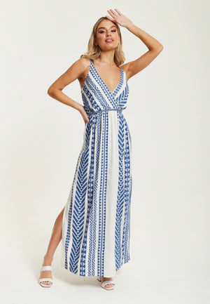 Liquorish Aztec Jacquard Maxi Dress In White And Blue