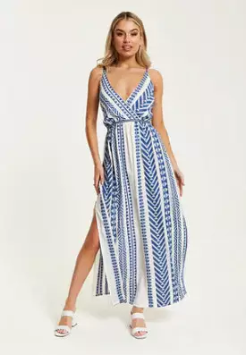 Liquorish Aztec Jacquard Maxi Dress In White And Blue