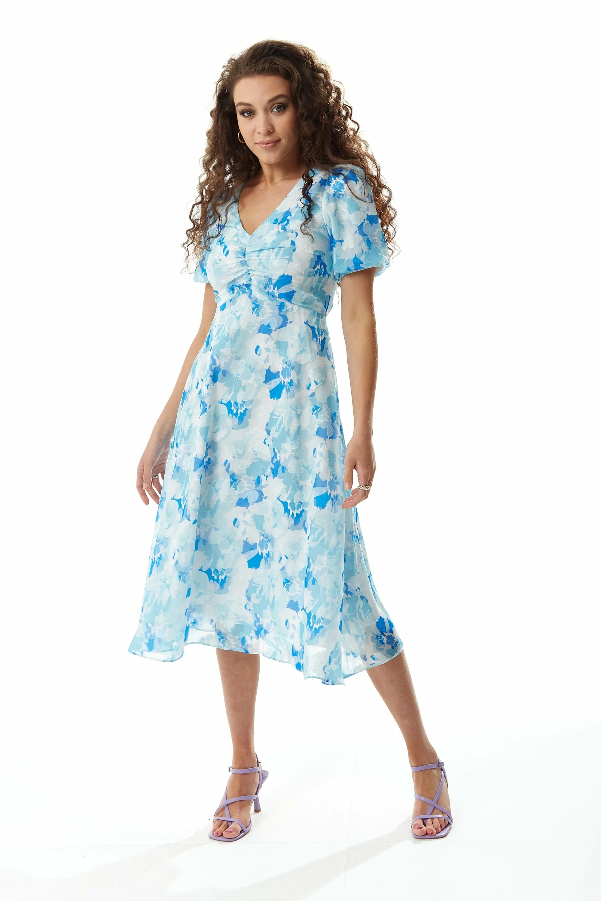 Liquorish Blue Floral Midi Dress With Short Sleeves