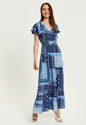 Liquorish Blue Tile Print Maxi Dress With Short Sleeves