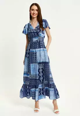 Liquorish Blue Tile Print Maxi Dress With Short Sleeves