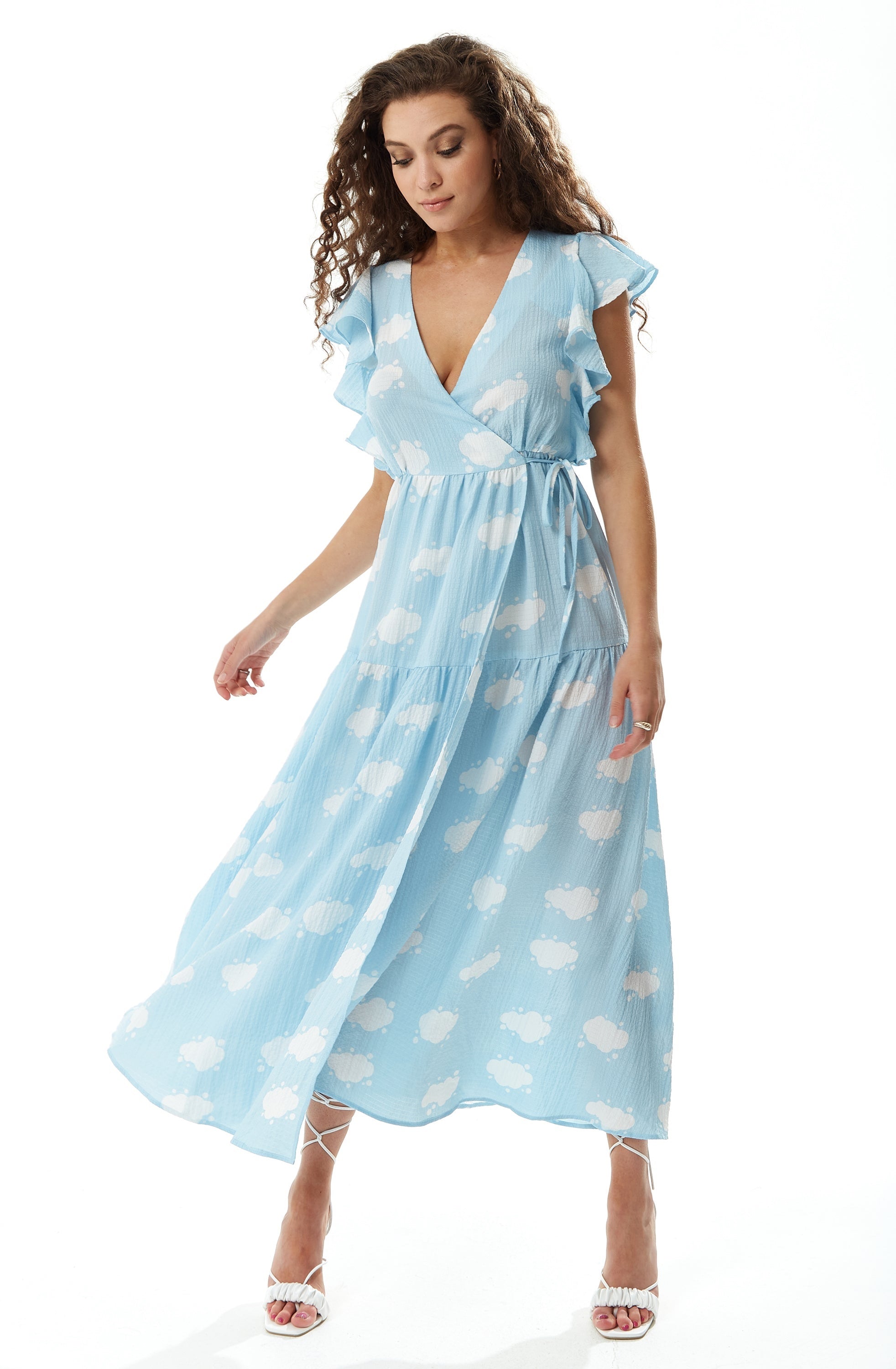 Liquorish Cloud Print Midi Wrap Dress With Frill Sleeve Blue