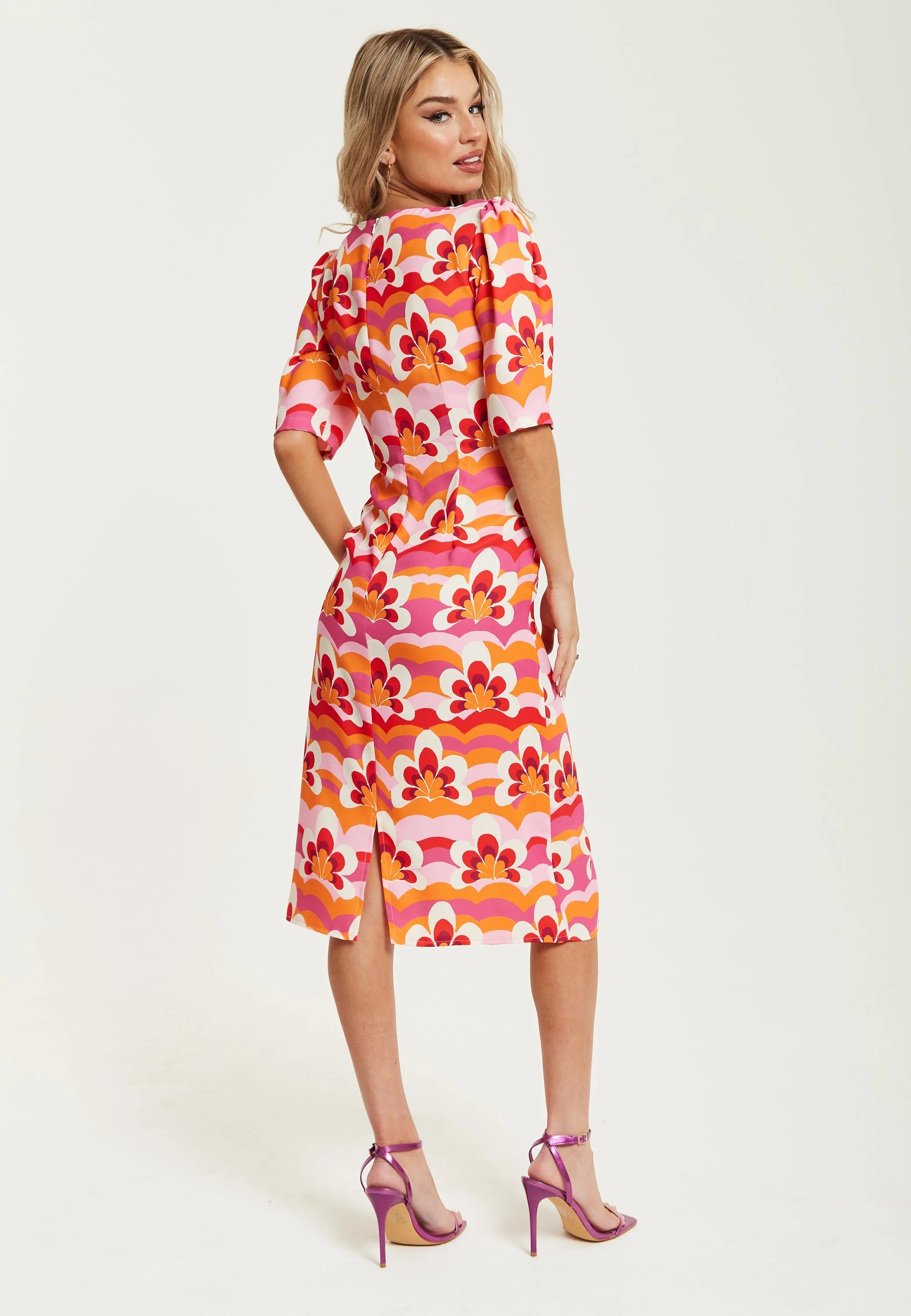 Liquorish Floral Knot Front Midi Dress In Orange And Pink