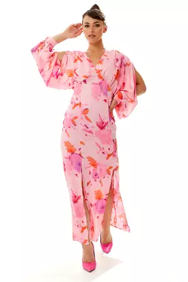 Liquorish Floral Print Maxi Dress In Pink With Sleeve Slits