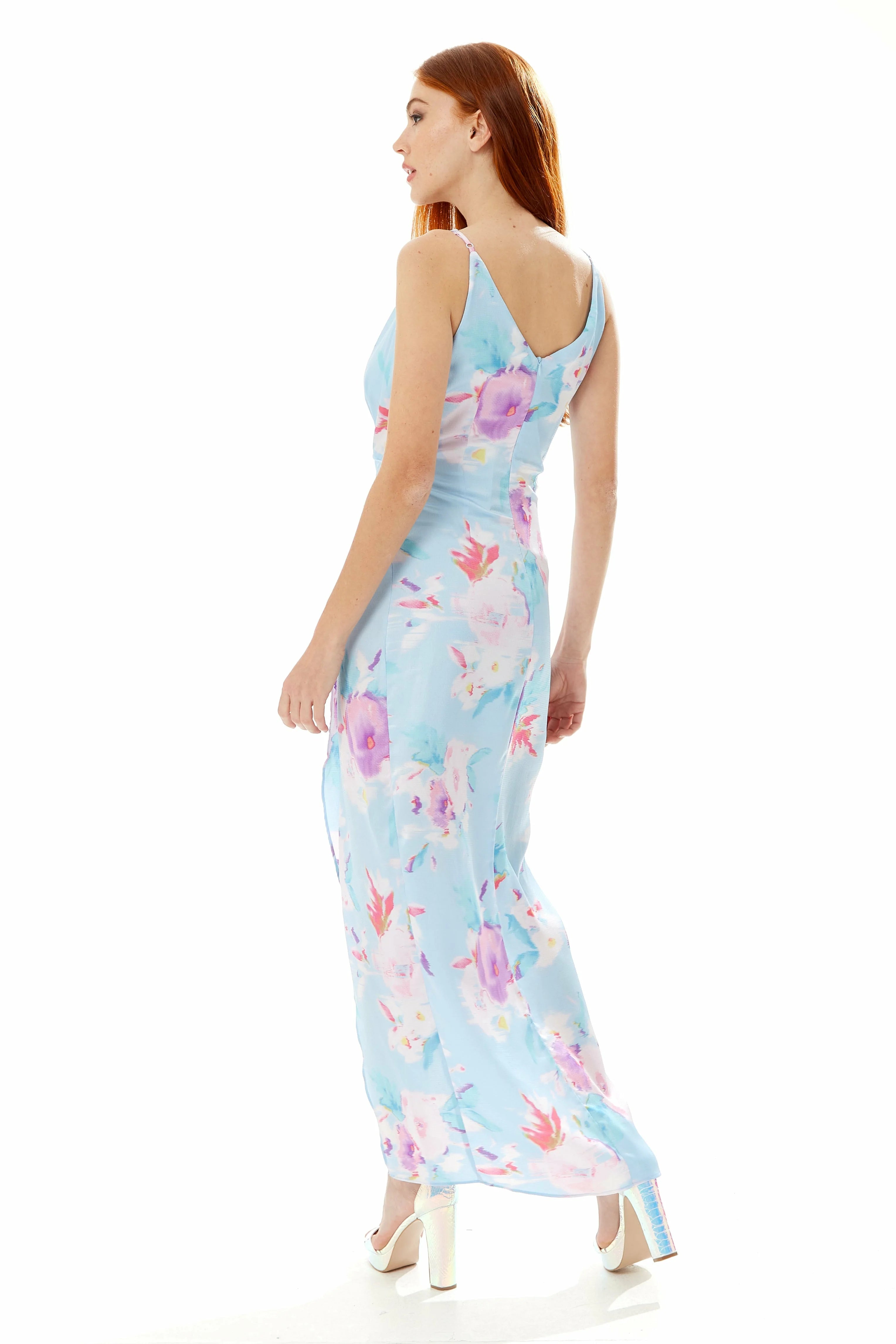 Liquorish Floral Print Maxi Wrap Dress In Blue