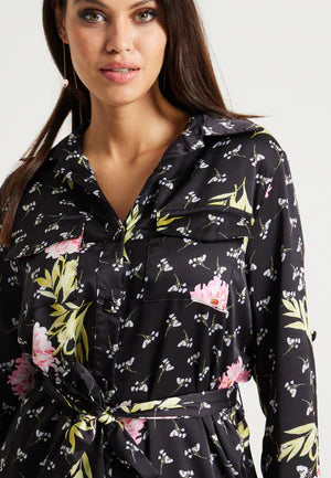 Liquorish Pink Floral Print Shirt Dress In Black