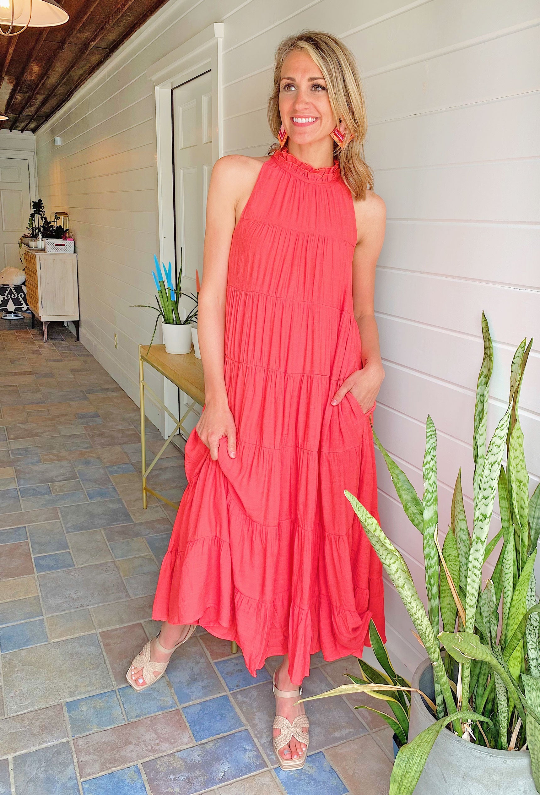 Lisbeth Coral Tiered Maxi Dress