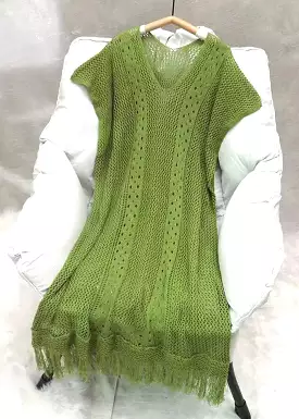 Loose Green V Neck Tasseled Hollow Out Knit Dress Summer HA1001