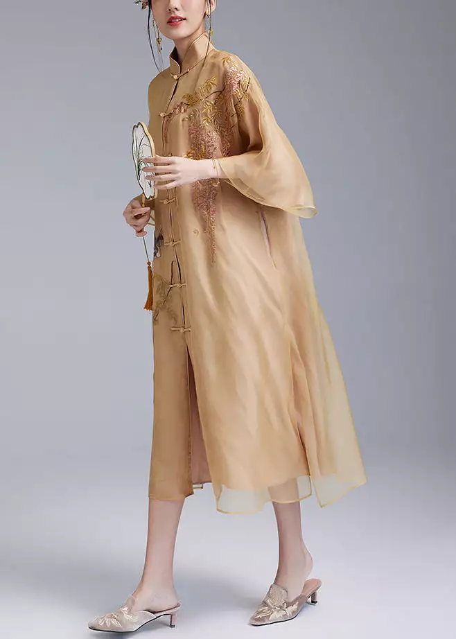 Loose Yellow Embroidered Button Silk Dress Flare Sleeve QA1077