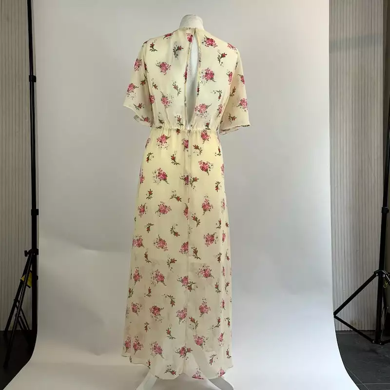 Maje Vanilla Rose Print Chiffon Cap Sleeve Maxi Dress S