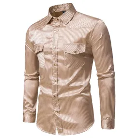 Men's Business Formal Striped Double Pockets Seamless Long Sleeve Shirt