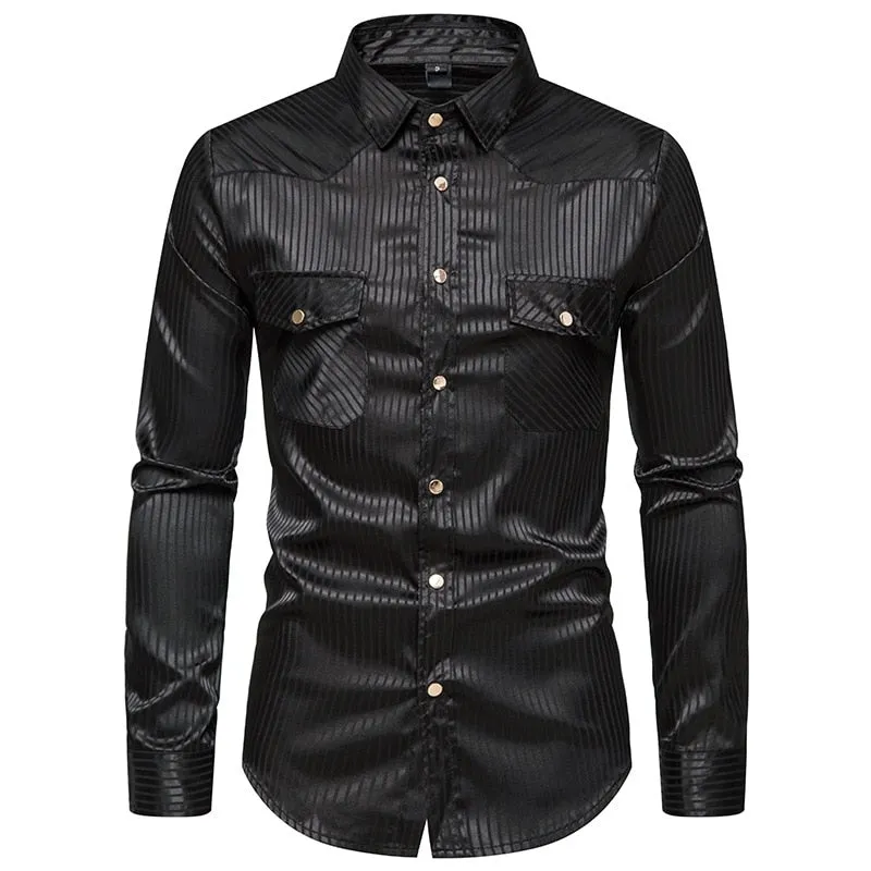 Men's Business Formal Striped Double Pockets Seamless Long Sleeve Shirt