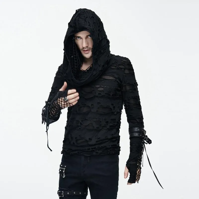 Men's Distressed Ripped Hooded Punk-Shirt With Mesh Underlayer