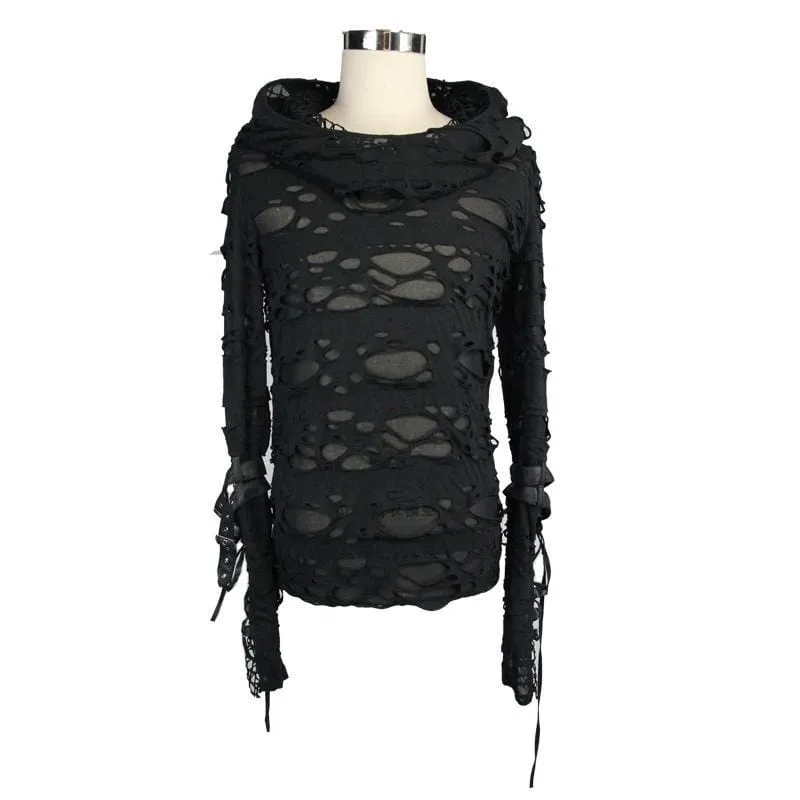 Men's Distressed Ripped Hooded Punk-Shirt With Mesh Underlayer