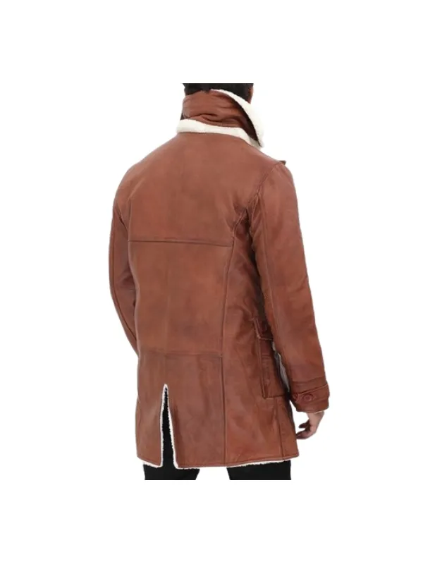 Mens Tan Bane Shearling Leather Trench Coat