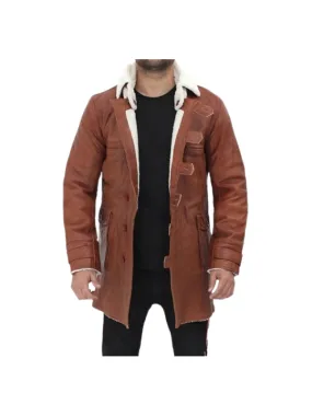 Mens Tan Bane Shearling Leather Trench Coat