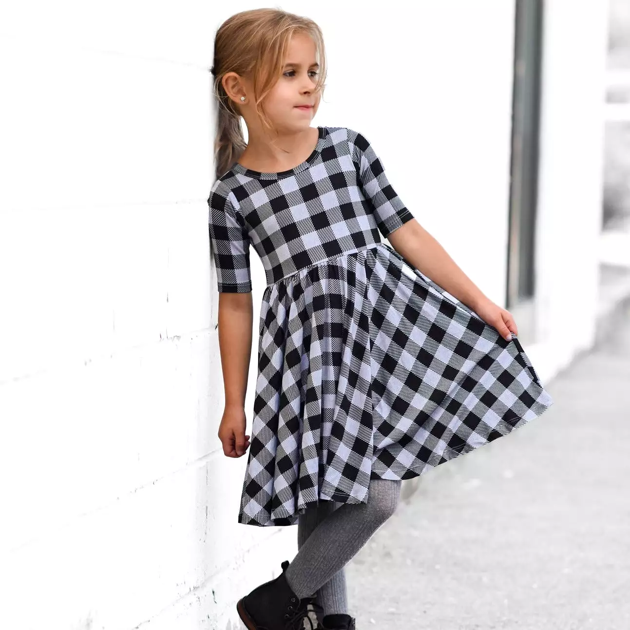 MID SLEEVE TWIRL- Grey Buffalo Plaid