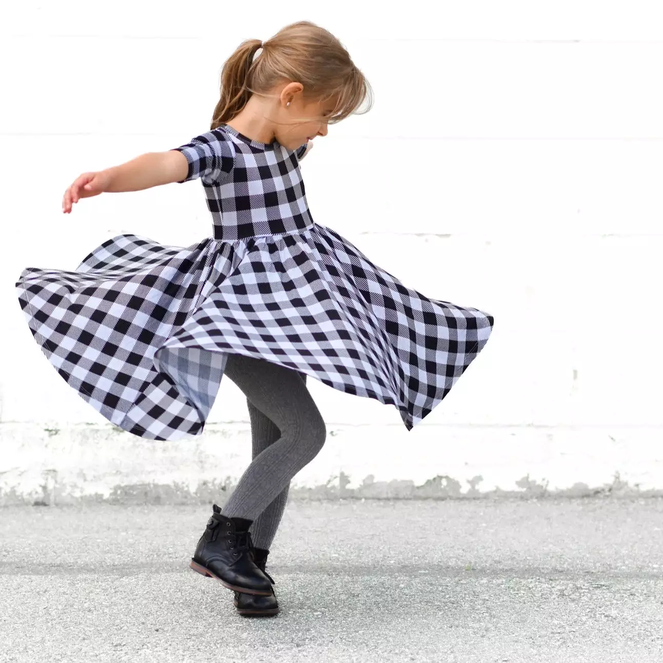 MID SLEEVE TWIRL- Grey Buffalo Plaid