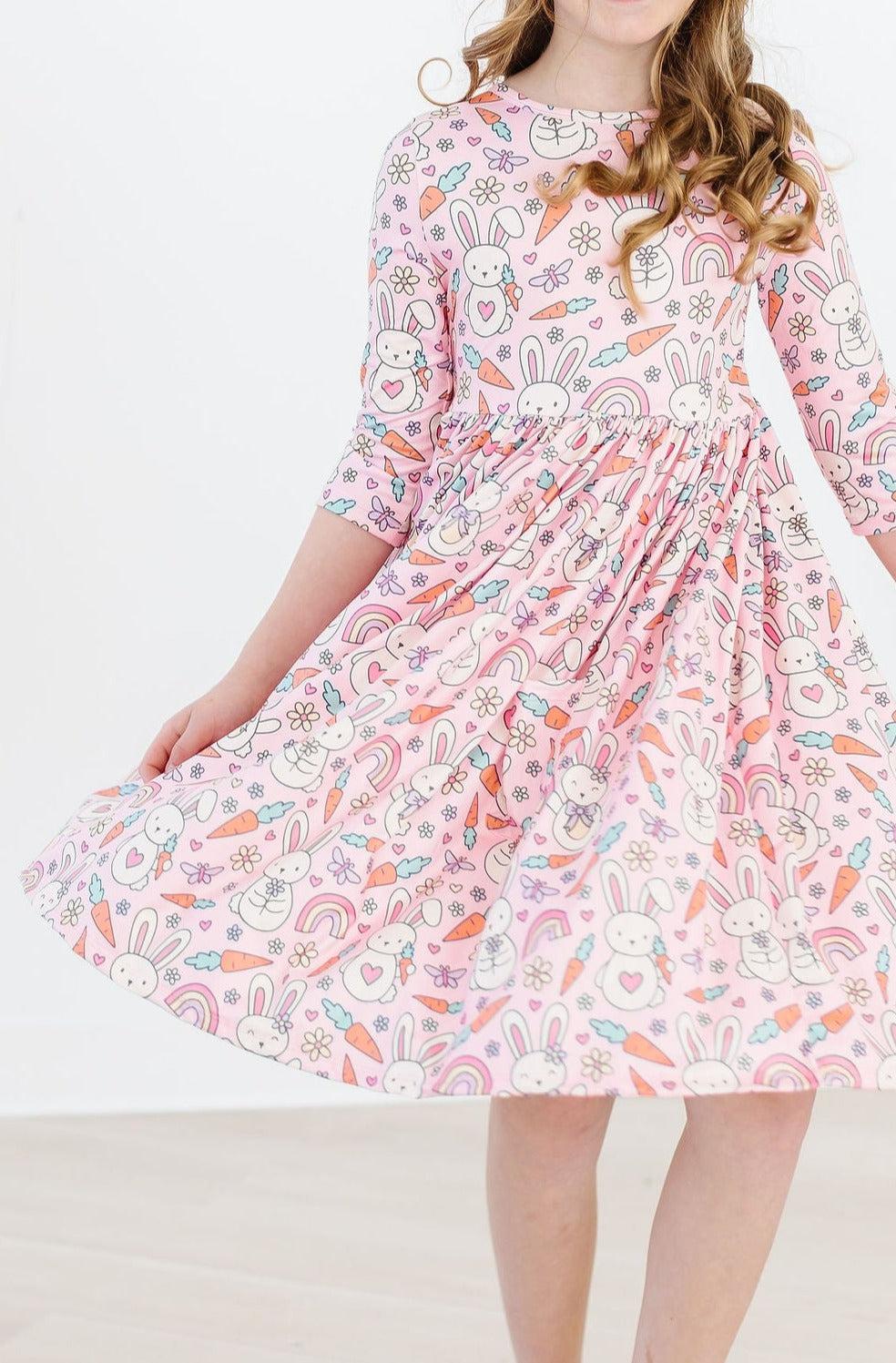 Mila & Rose - Springtime Bunnies 3/4 Sleeve Pocket Twirl Dress