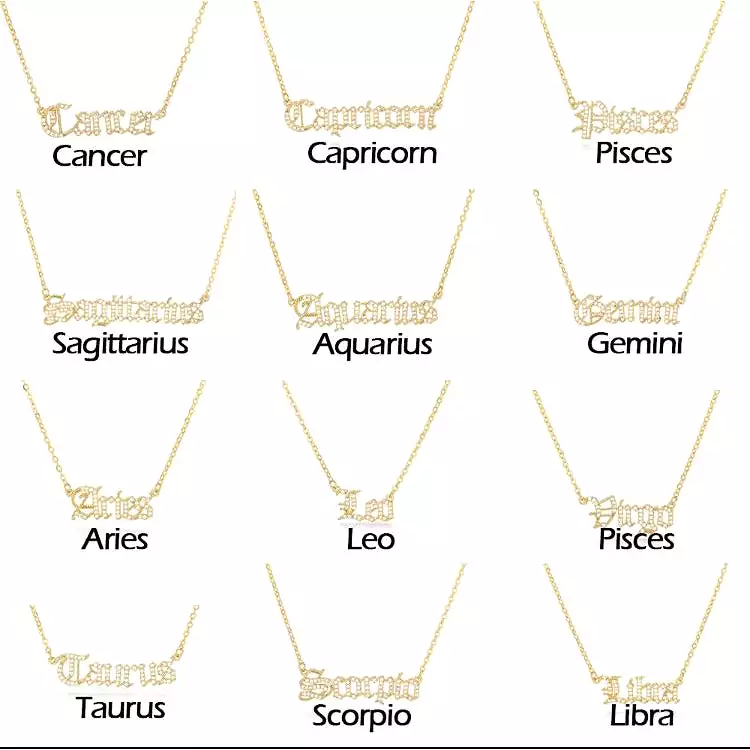 Old English Zodiac CZ Gold Necklace