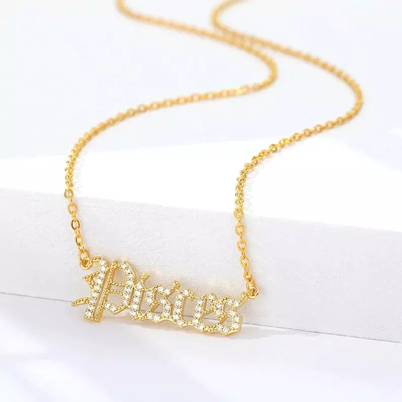 Old English Zodiac CZ Gold Necklace