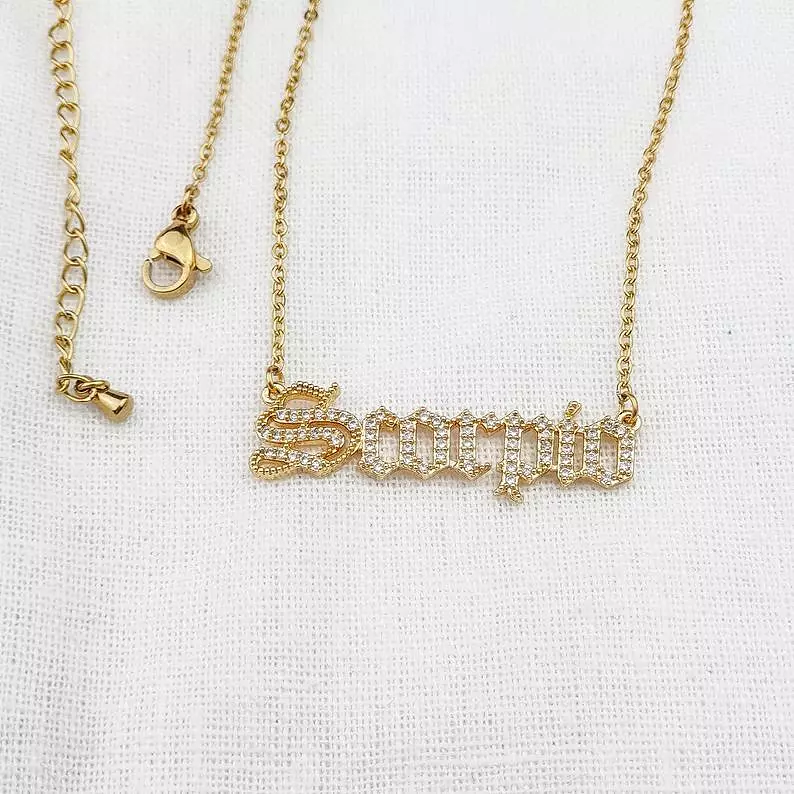 Old English Zodiac CZ Gold Necklace