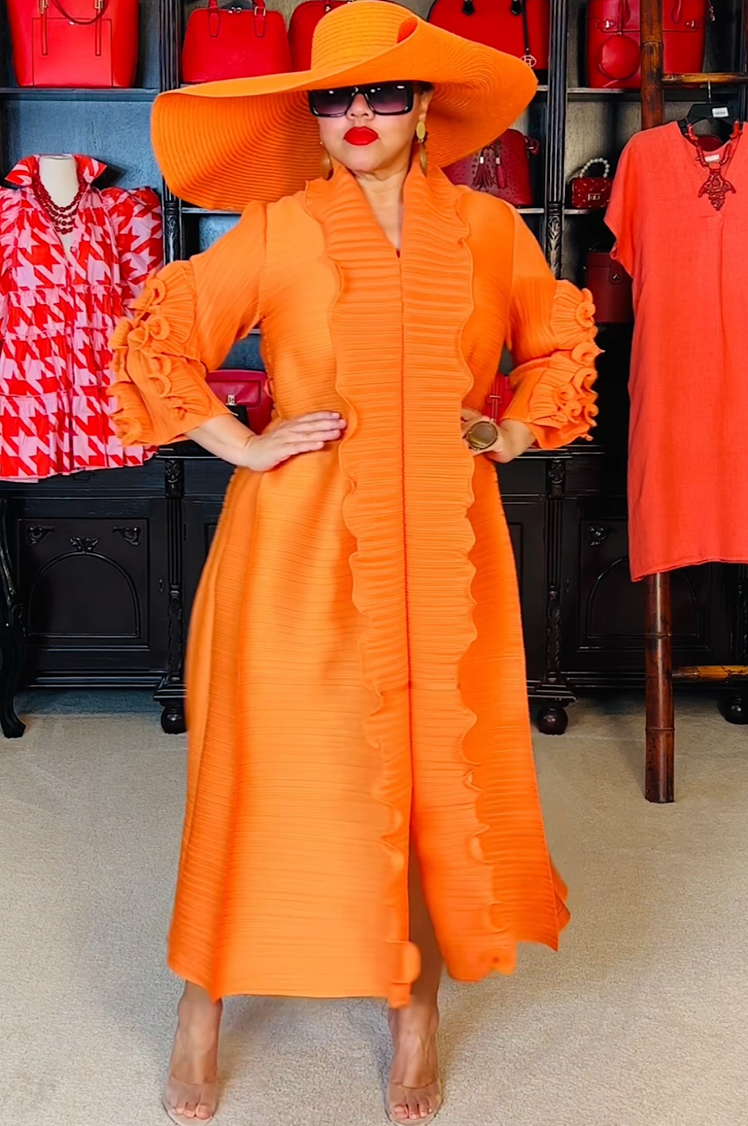 Orange Front Ruffle Long Dress