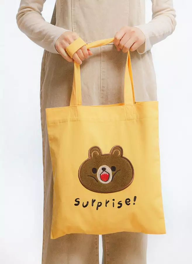 Orange Yellow Bear Embroidered Eco Shoulder Bags Womens Girls Purses Casual Picnic Foldable Bookbags Cotton Cute Gifts Inner Poc