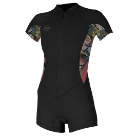 O'Neill Bahia 2/1mm Womens Front Zip Shorty Summer Wetsuit 2022 - Black/Twiggy/Tea Rose