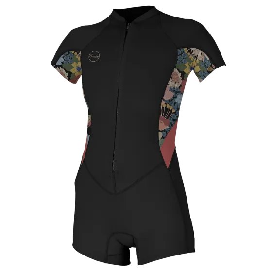 O'Neill Bahia 2/1mm Womens Front Zip Shorty Summer Wetsuit 2022 - Black/Twiggy/Tea Rose