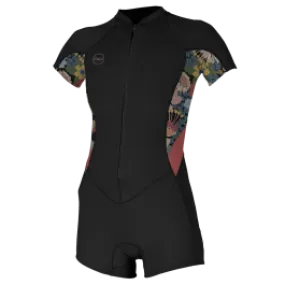 O'Neill Bahia 2/1mm Womens Front Zip Shorty Summer Wetsuit 2022 - Black/Twiggy/Tea Rose