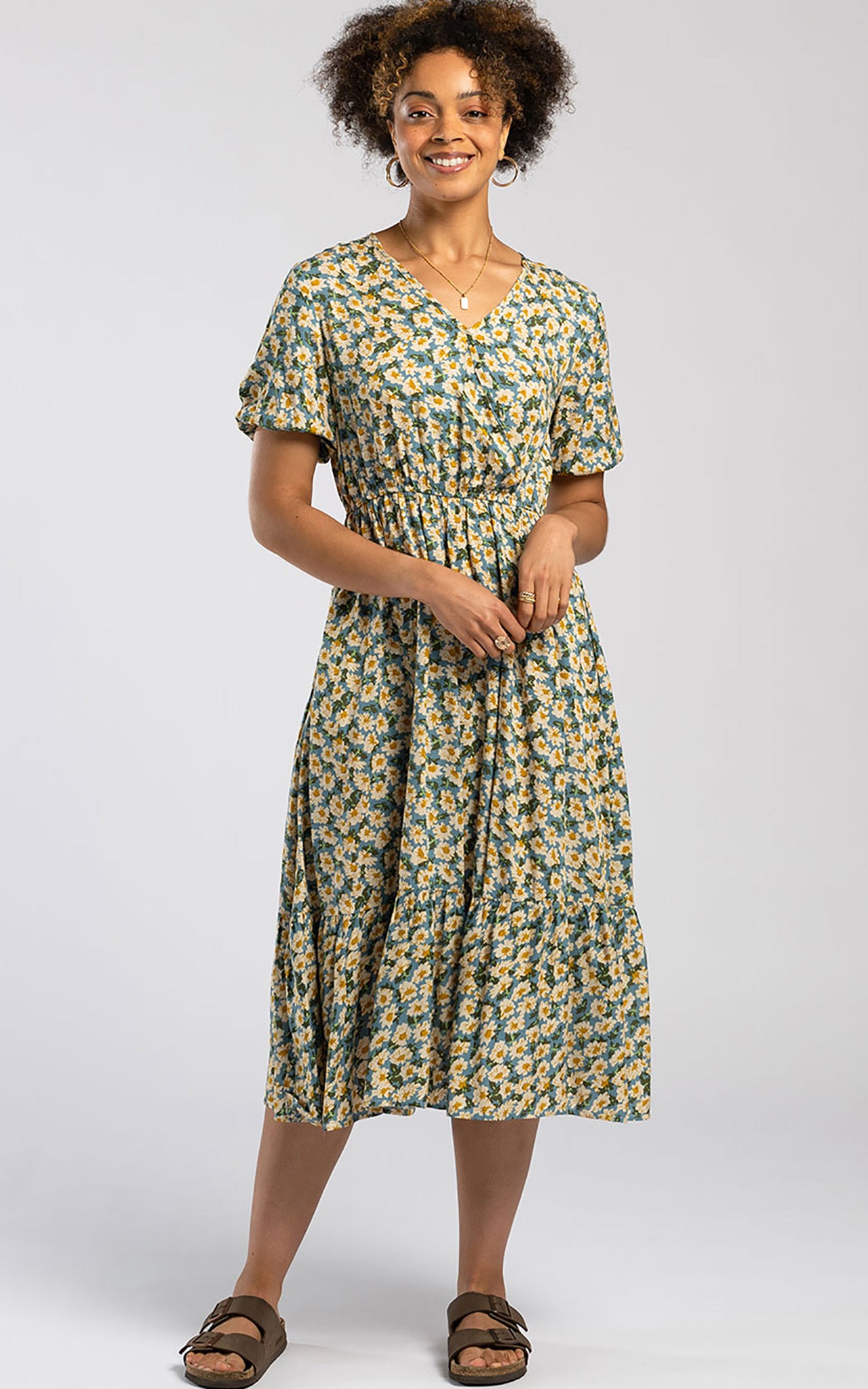 Pentlebay Clothing Wrap Midi Dress In Blue Yellow Daisy