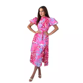 Pink & Blue Animal Print Puff Sleeve High Neck Midi Dress