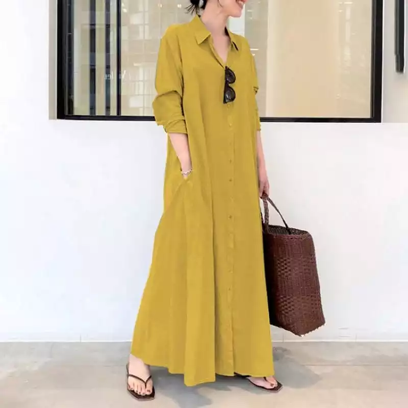 Plus Siz Cotton Linen Pocket Long Dress Women B-66310