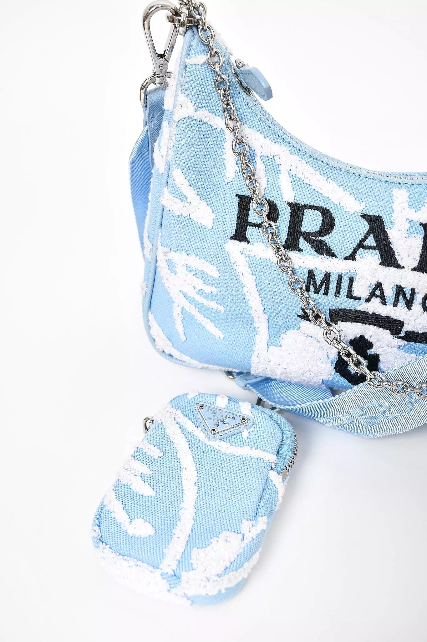 Prada Blue Embroidered Drill Re-Edition 2005 Shoulder Bag