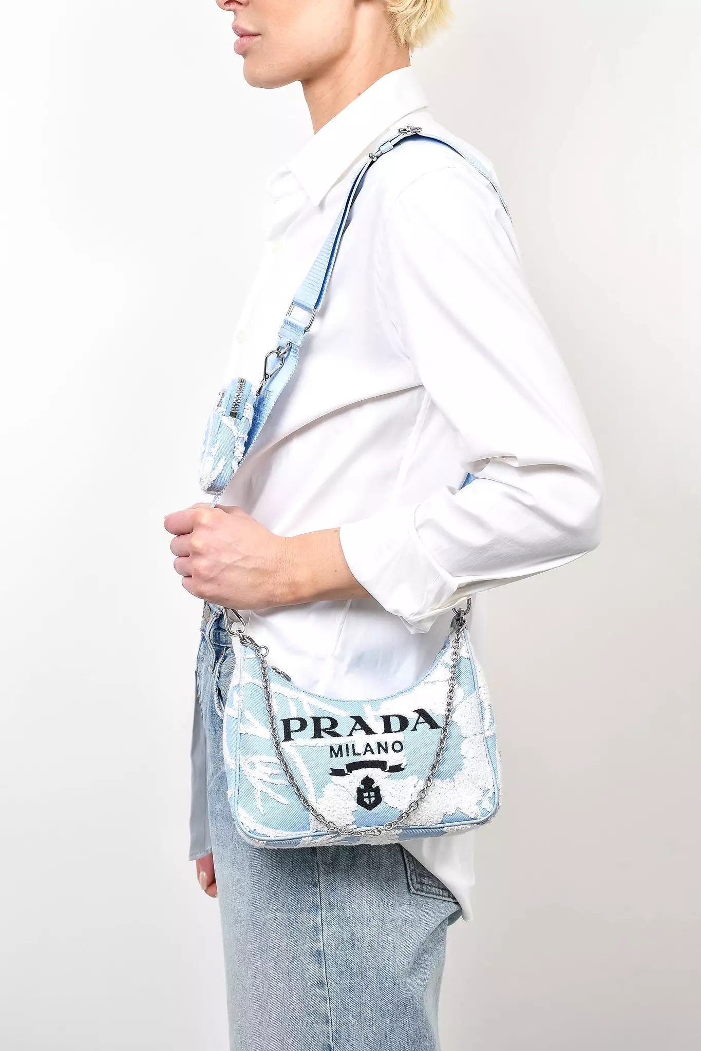 Prada Blue Embroidered Drill Re-Edition 2005 Shoulder Bag