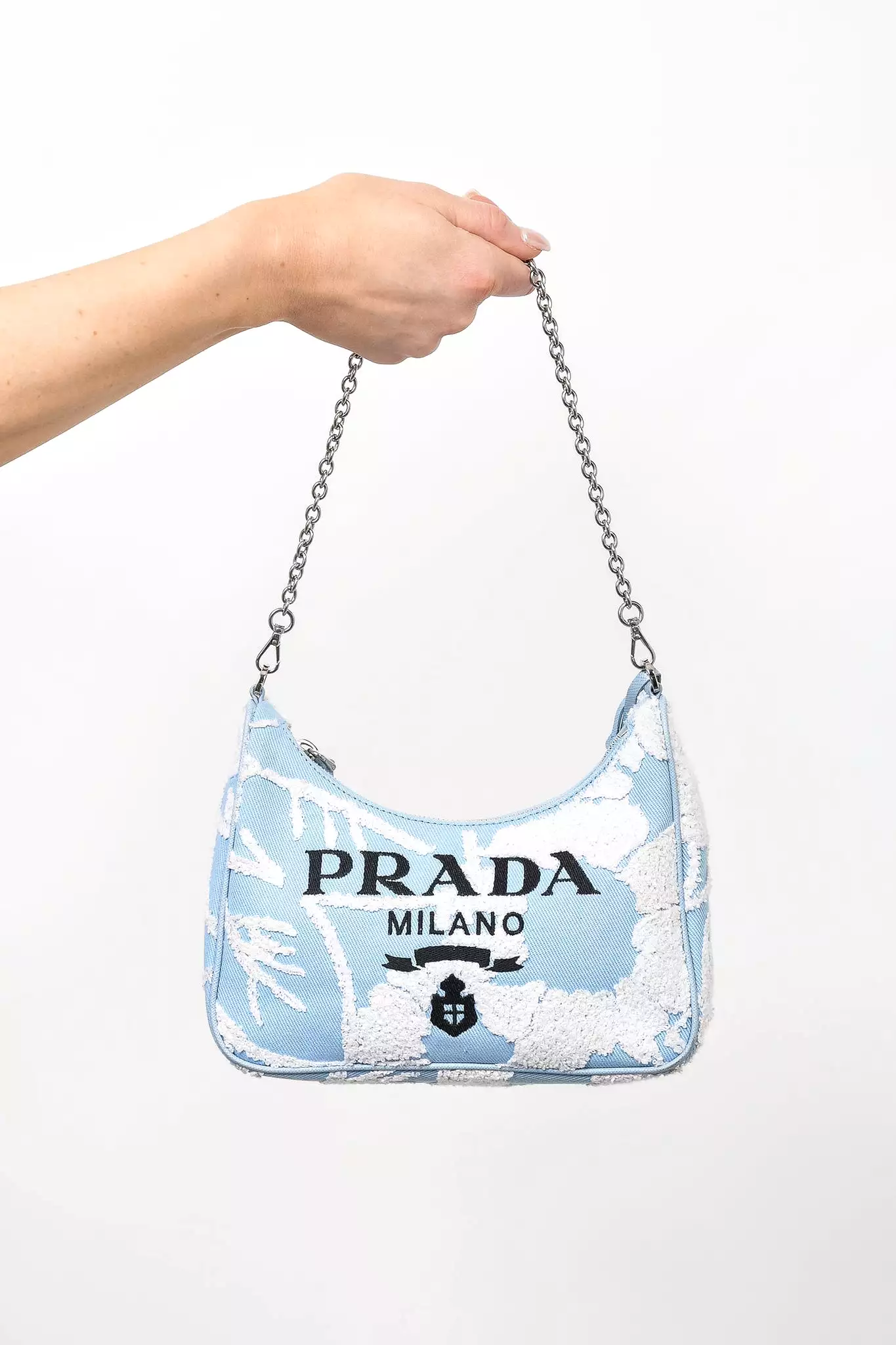 Prada Blue Embroidered Drill Re-Edition 2005 Shoulder Bag